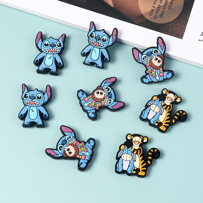20Pcs Silicone Focal Beads Blue Alien Character Large Ears Sitting Pose and Blue Donkey with Tiger Companion 6