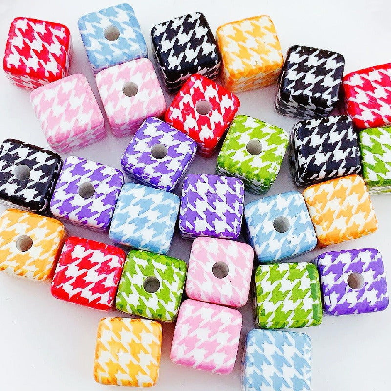 10pcs 16mm Houndstooth Pattern Square Acrylic Beads Jewelry Making 4