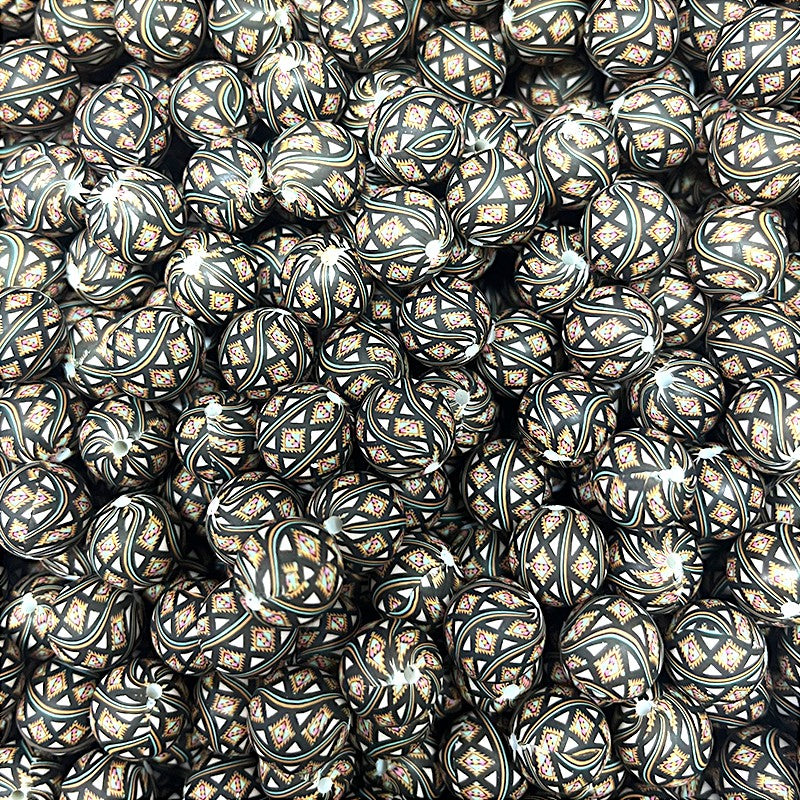 50pcs 15mm Printed Grids Silicone Beads Multi Color Pattern 2