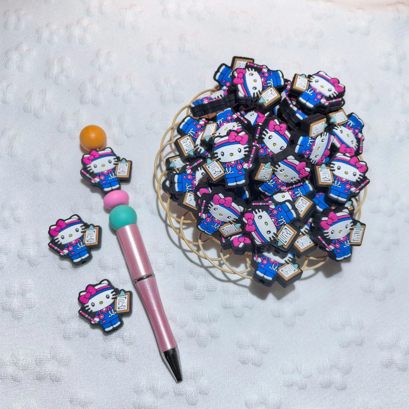 20pcs Silicone Focal Beads White Cat No Mouth Pink Bow Medical Staff 7