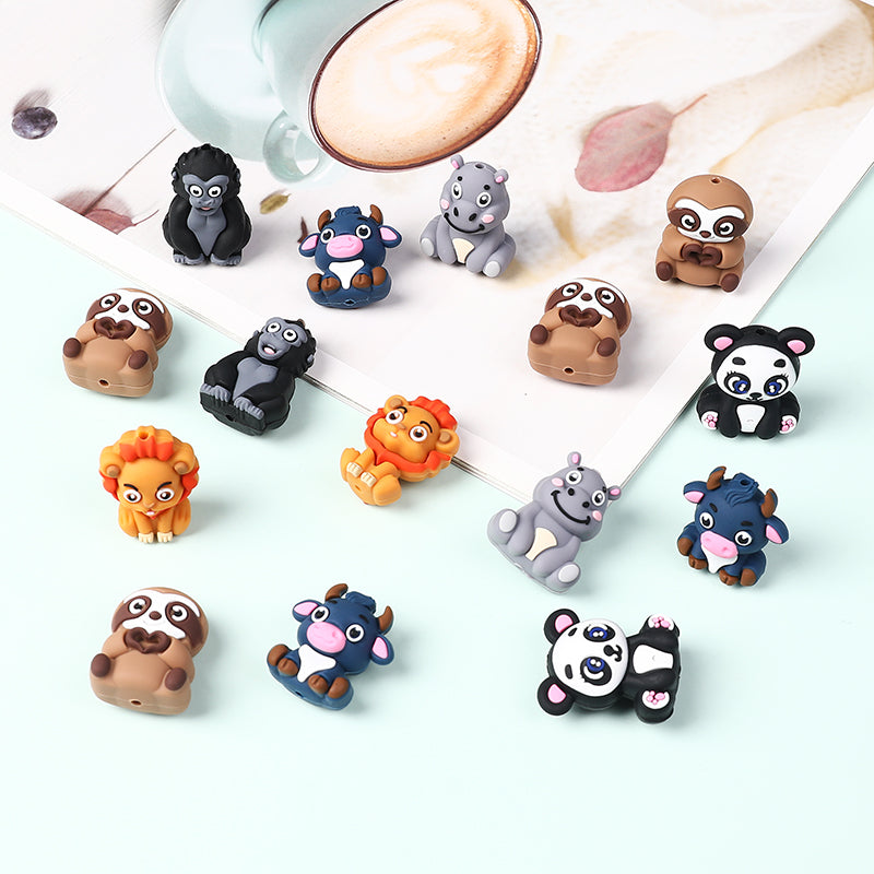 20Pcs Silicone 3D Focal Beads Panda Lion Sloth Animal Sitting Pose 2