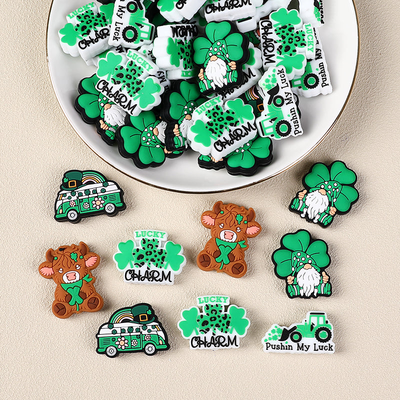 Silicone Focal Beads Saint Patrick Day Clover Highland Cattle Design 2