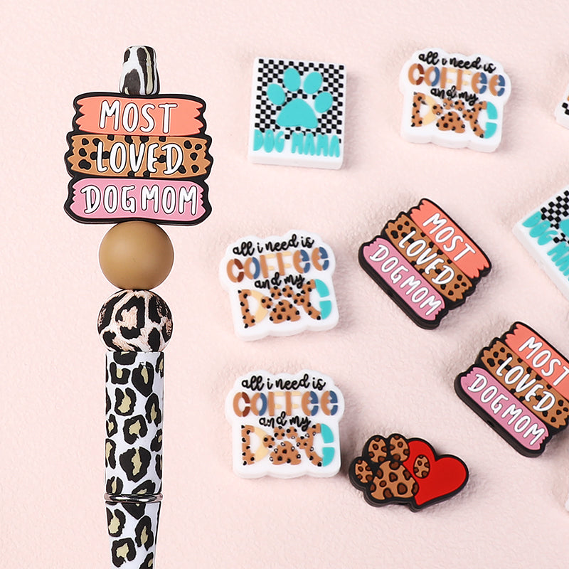 Silicone Focal Beads Leopard Dog Mom Series with Text and Paw Prints 3