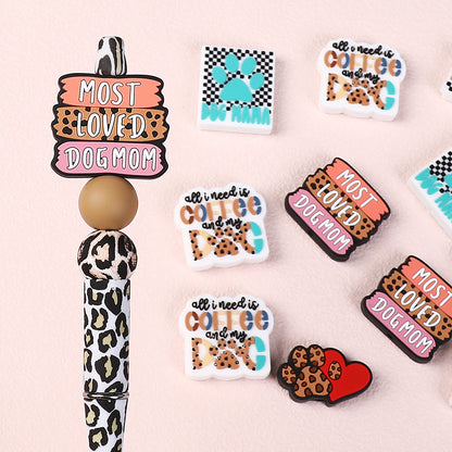 Silicone Focal Beads Leopard Dog Mom Series with Text and Paw Prints 3