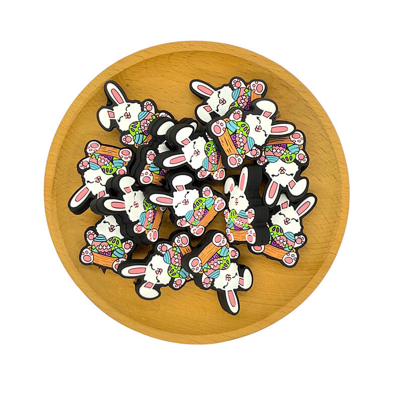 Silicone Focal Beads Bunny Holding Basket of Colored Eggs 2