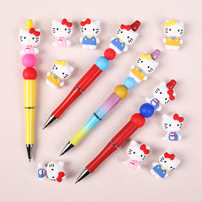 20Pcs Silicone 3D Focal Beads White Cat No Mouth Red Bow Wearing Clothes 6