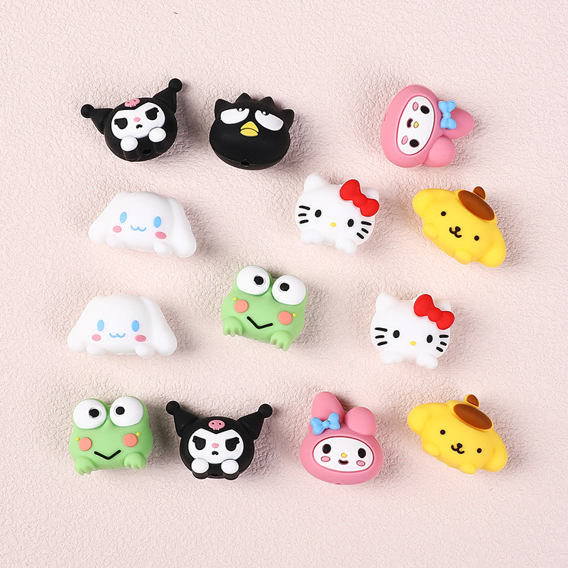 20Pcs Silicone 3D Focal Beads White Cat Round Head with Bow and Pink Rabbit Hood 4