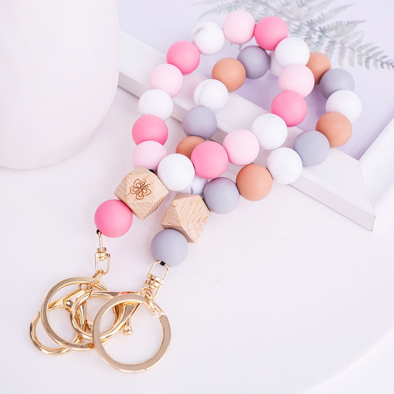 Silicone Bead Bracelet Keychain with Wooden Bead Accent 5