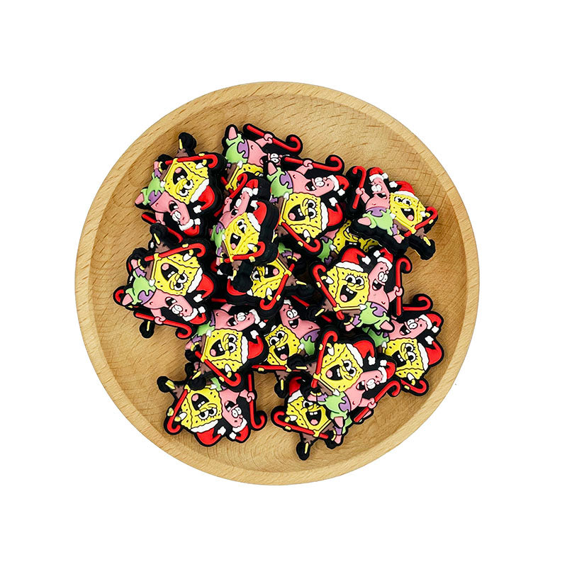 20pcs Silicone Focal Beads Yellow Square Sponge Character and Pink Starfish with Santa Hat 2