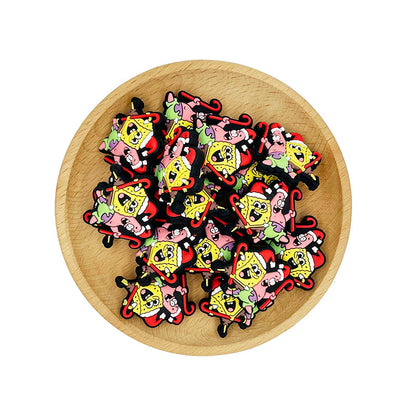 20pcs Silicone Focal Beads Yellow Square Sponge Character and Pink Starfish with Santa Hat 2