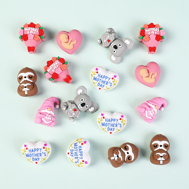 20Pcs Silicone 3D Focal Beads Mother Day Koala Bouquet Holding Heart 4