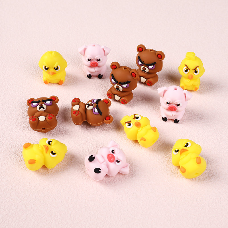 Silicone 3D Focal Beads Angry Animal Front Facing 3