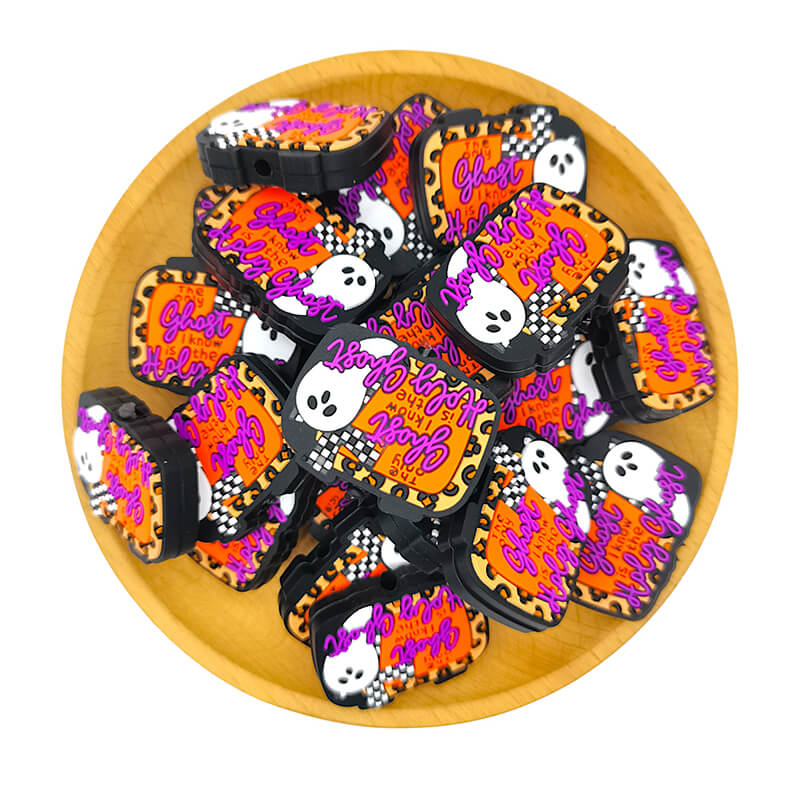Silicone Focal Beads Halloween Ghost with Printed Text Design 2