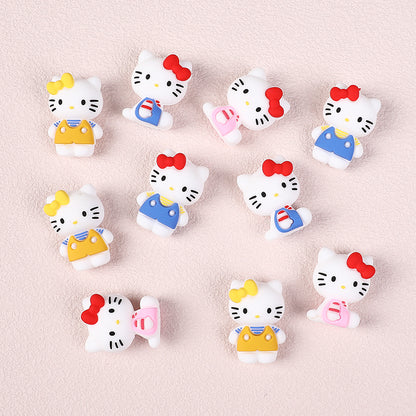 20Pcs Silicone 3D Focal Beads White Cat No Mouth Red Bow Wearing Clothes 3