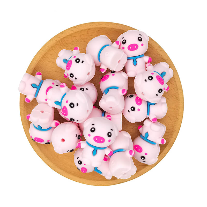 Silicone 3D Focal Beads Pink Pig Wearing Blue Scarf 2