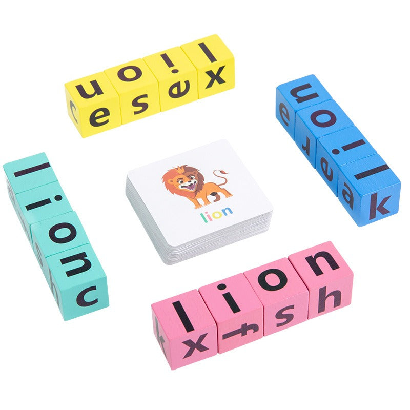 Wooden Montessori Toys English Card Spelling Cube for Kids