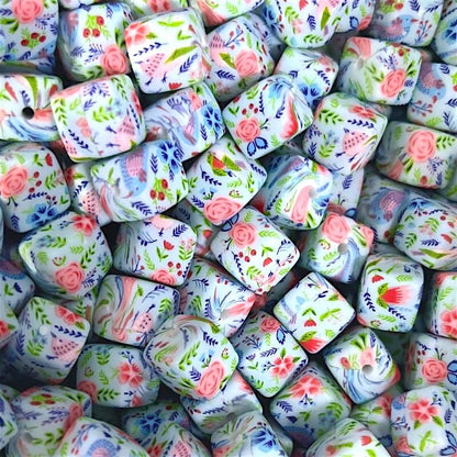 50pcs 13.5mm Printed Square Silicone Beads Variety Designs 17