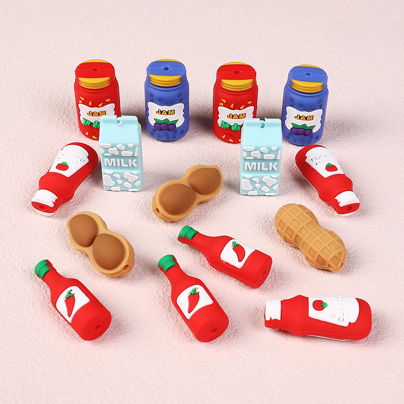 20Pcs Silicone 3D Focal Beads Jam Bottle Milk Carton Chili Sauce Design 2