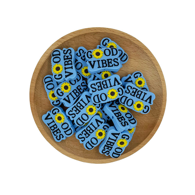 20pcs Silicone Focal Beads Good Vibes Text with Sunflower Detail 2