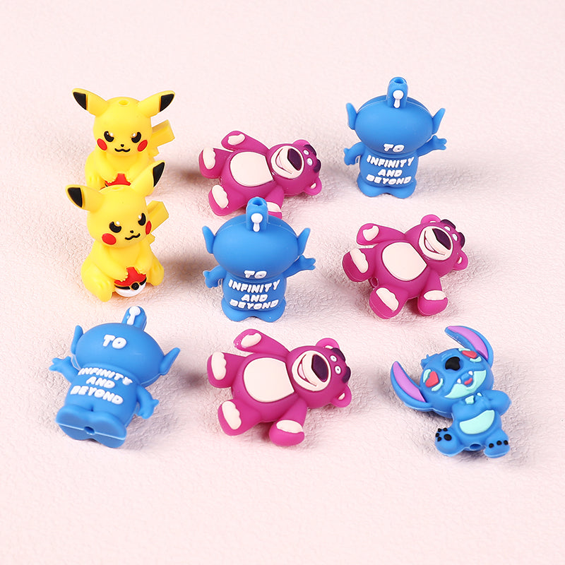 20Pcs Silicone 3D Focal Beads Yellow Mouse Round Cheeks Lightning Tail Blue Alien Character Large Ears Purple Bear Lying Pose