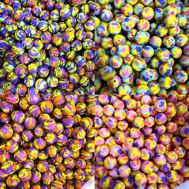 50pcs 15mm Printed Splatter Paint Silicone Beads Multicolor Design
