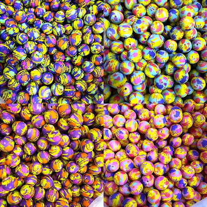 50pcs 15mm Printed Splatter Paint Silicone Beads Multicolor Design