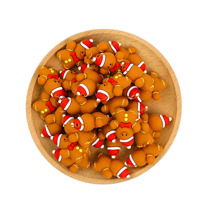 20Pcs Silicone 3D Focal Beads Christmas Gingerbread Man Wearing Hat 3
