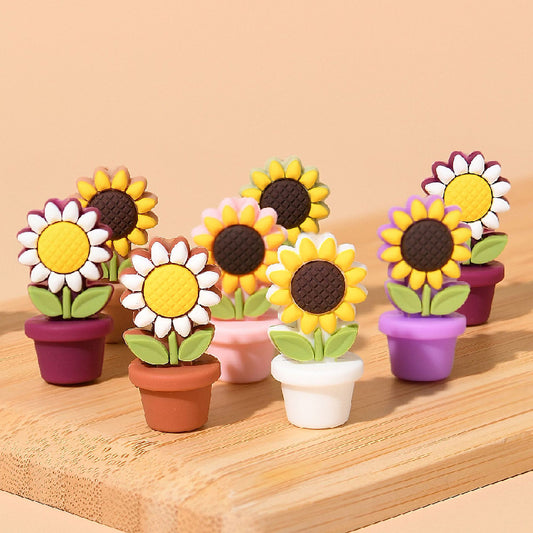 20pcs Silicone Focal Beads Flower Pot Sunflower Yellow White Flower Design