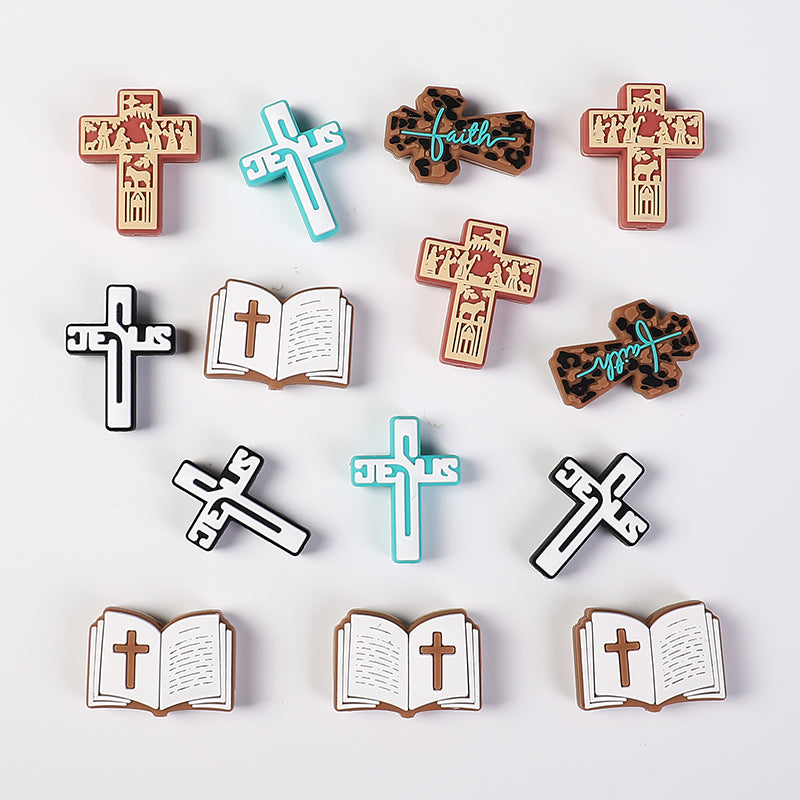 20Pcs Silicone Focal Beads Bible Cross Cutout Center Design 6