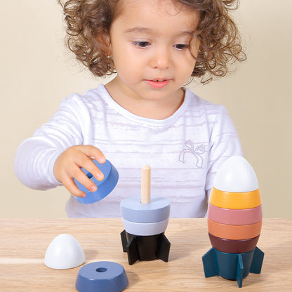 Wooden Space Rocket Montessori Toys Color Shape Pairing 8x8x18cm 2