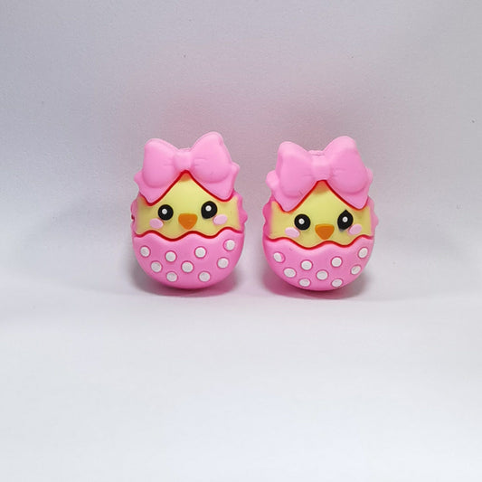 20Pcs Silicone 3D Focal Beads Easter Yellow Chick with Pink Bow