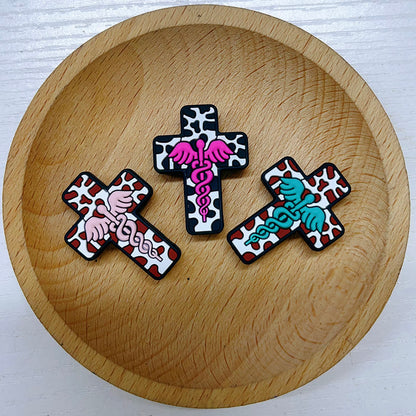 20pcs Silicone Focal Beads Nurse Cross Pink Emblem Design 3