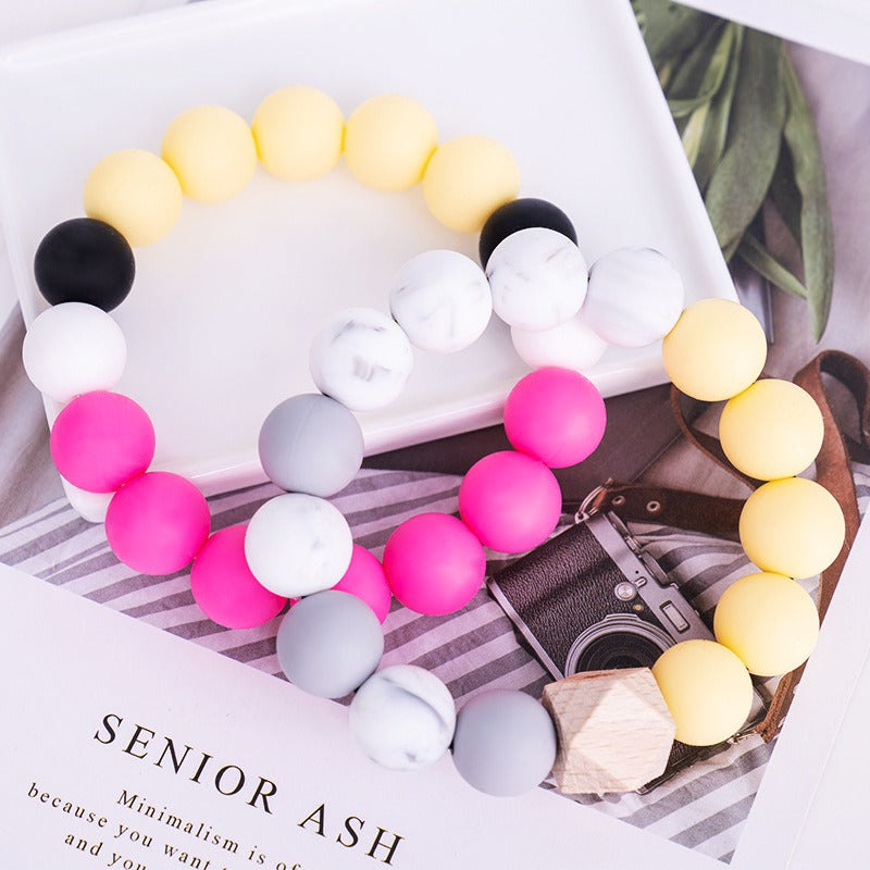 Silicone Bead Bracelet Keychain with Wooden Bead Accent 3