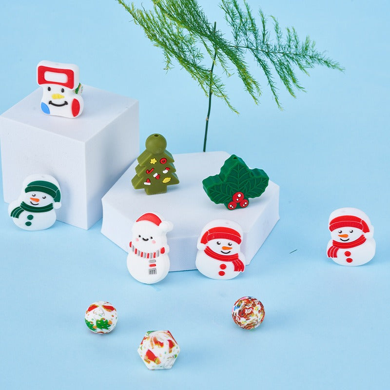10pcs Silicone Focal Beads Christmas Snowman Tree Stocking Set 3