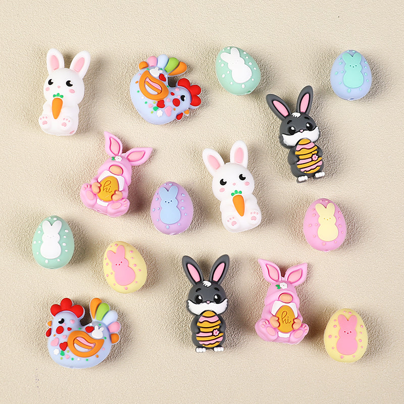 20Pcs Silicone 3D Focal Beads Easter Bunny Chick Holding Easter Egg 14