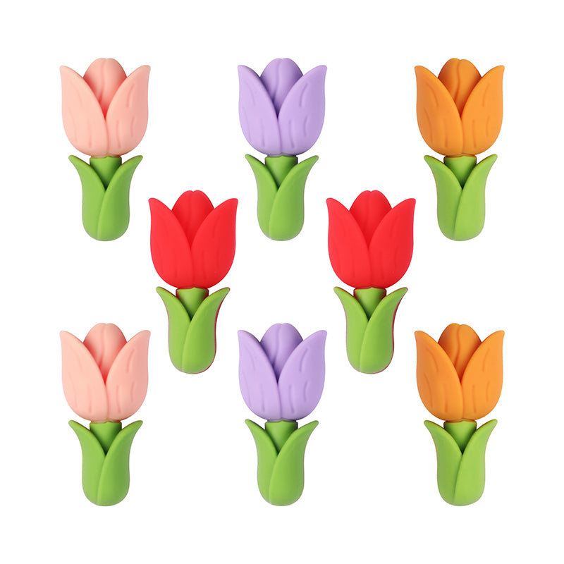 20Pcs Silicone 3D Focal Beads Tulip Flower with Green Leaves 10