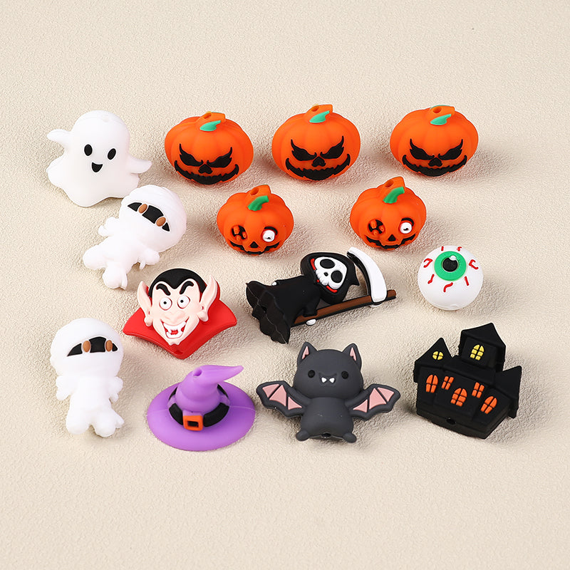 20Pcs Silicone 3D Focal Beads Halloween Themes Haunted House and Pumpkin Design 4