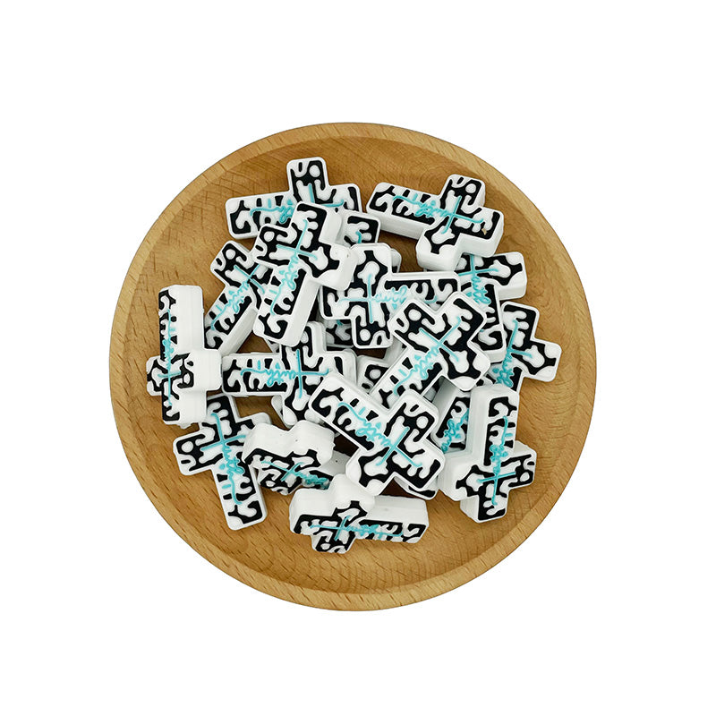 20pcs Silicone Focal Beads Cross Black and White Pattern 2