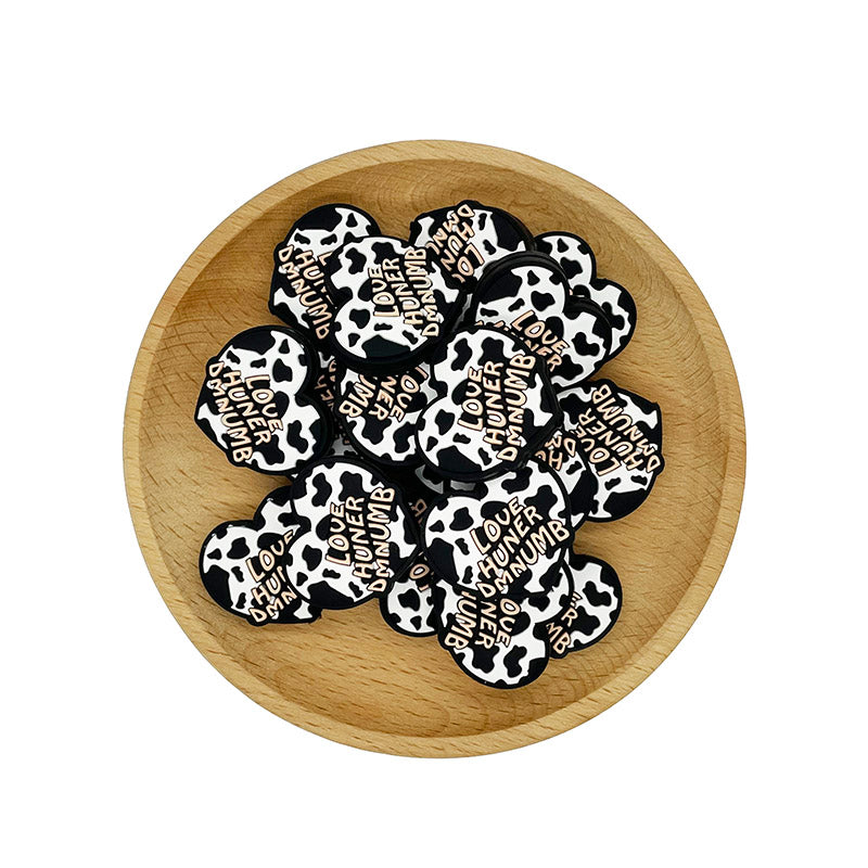 20pcs Silicone Focal Beads Heart Shape Cow Print with Text 2