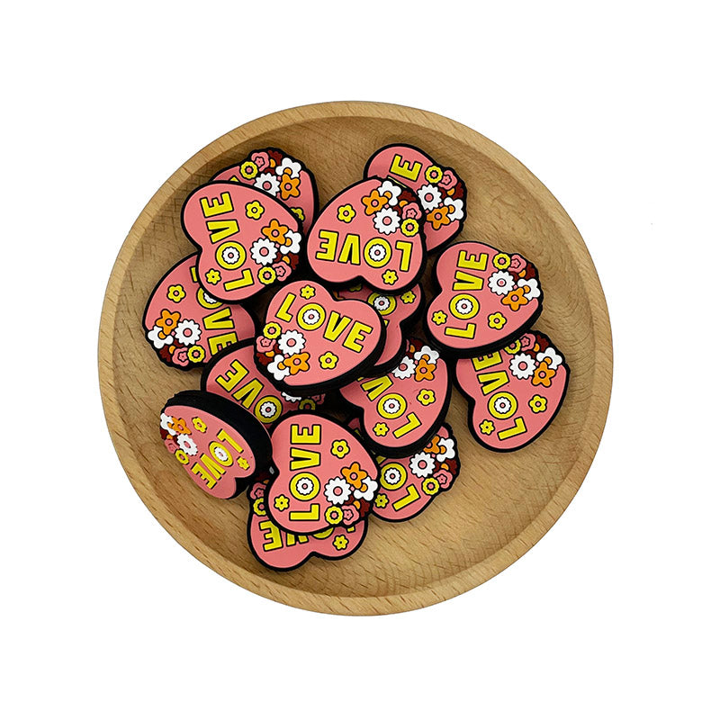 20pcs Silicone Focal Beads Love Heart with Flower Detail 2