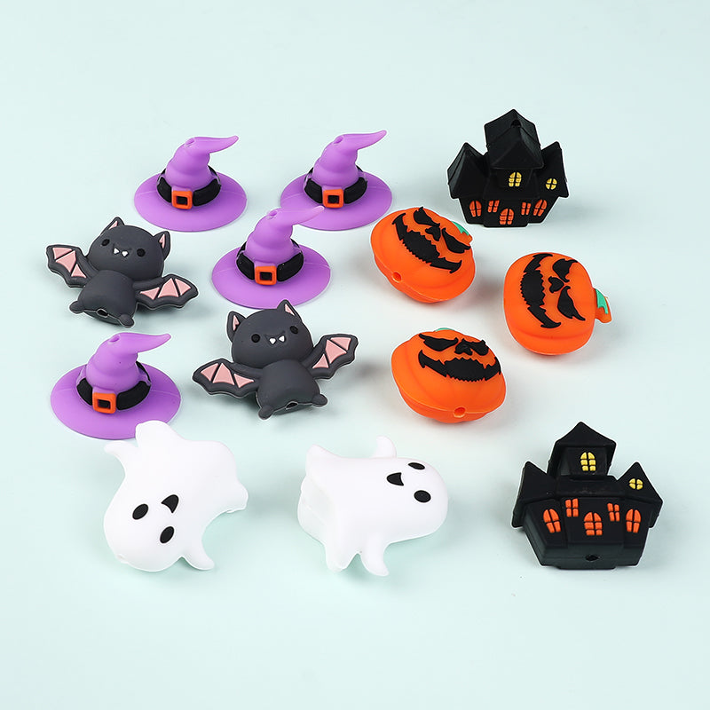 20Pcs Silicone 3D Focal Beads Halloween Theme Bat Ghost Haunted House 5