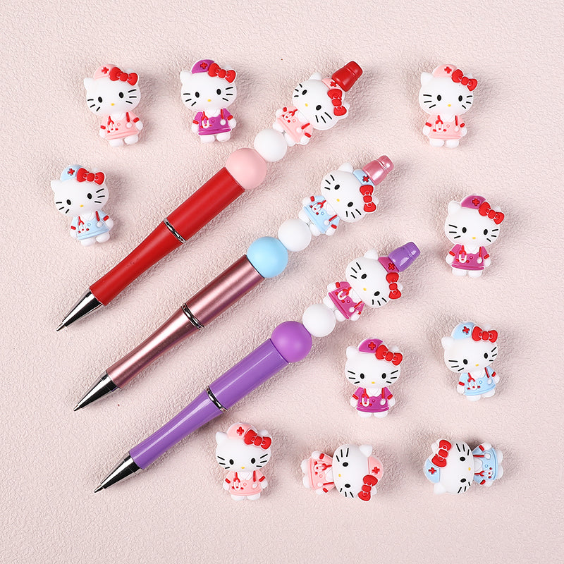20Pcs Silicone 3D Focal Beads White Cat Wearing Nurse Hat with Stethoscope 8