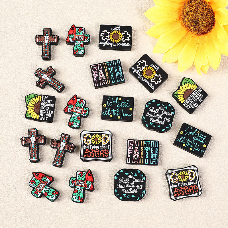 Silicone Focal Beads Jesus Faith Cross With Religious Text Designs 10
