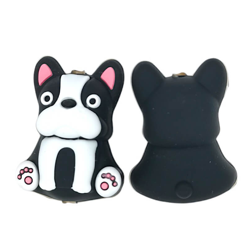Silicone 3D Focal Beads Black White Dog Pink Ears Sitting Pose