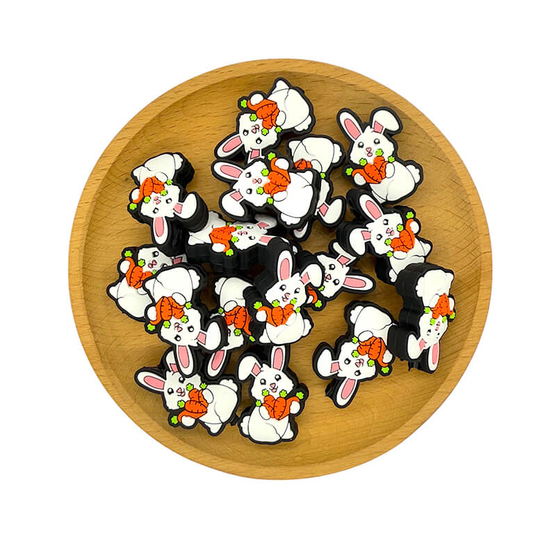 Silicone Focal Beads Easter White Rabbit Holding Carrots 2