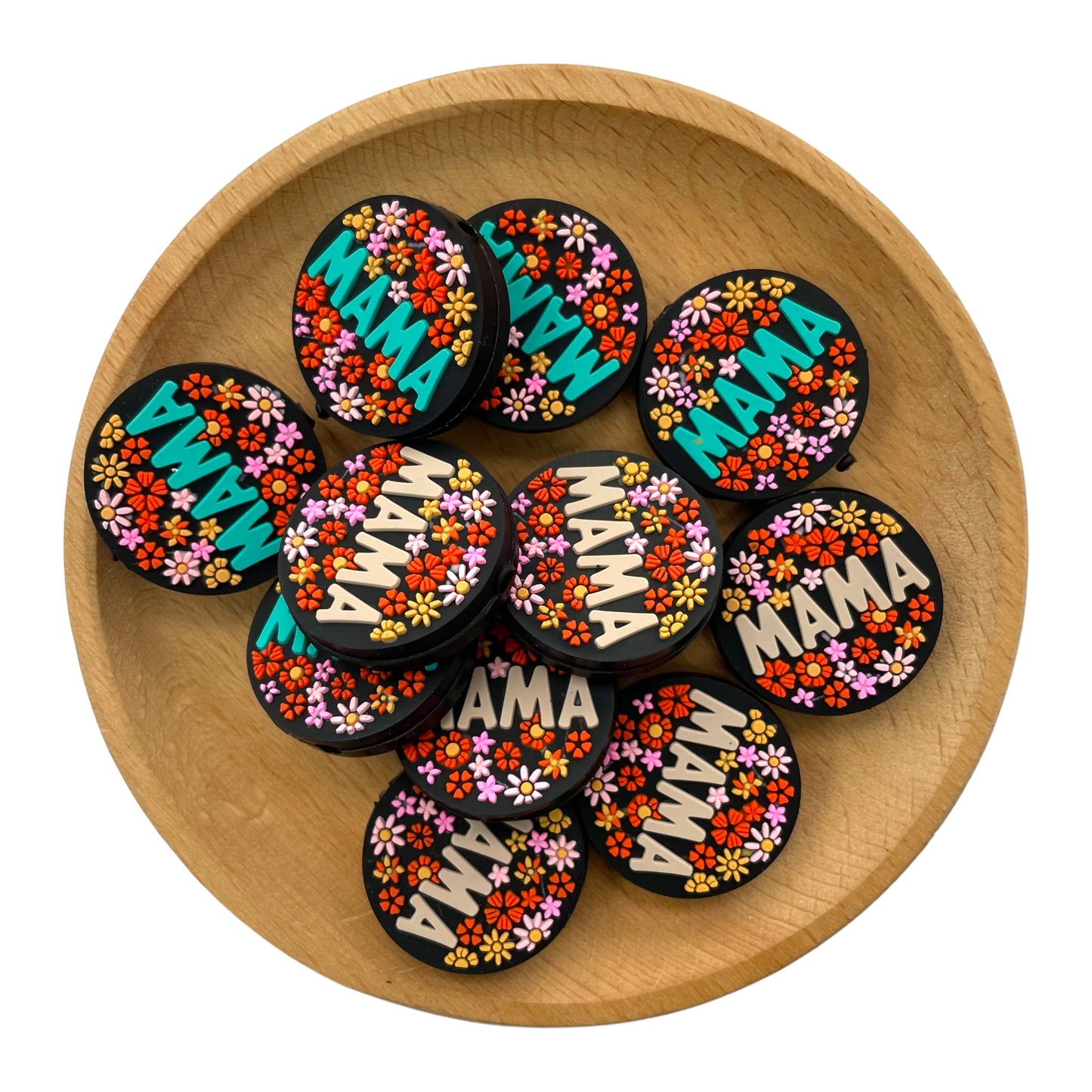 20pcs Silicone Focal Beads Mama Floral Pattern Round Design 4
