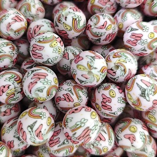 50pcs 15mm Pink Smiling Rainbow Print Silicone Beads