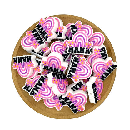 20pcs Silicone Focal Beads Rainbow Flower Mama With Lettering 2