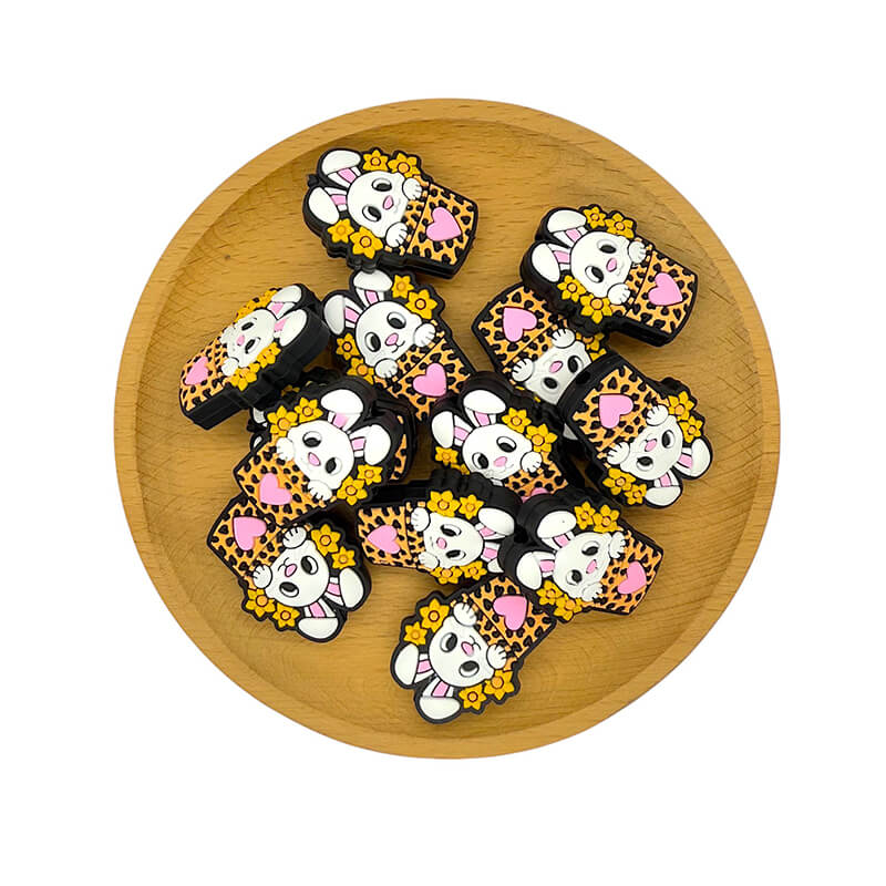 Silicone Focal Beads Easter Bunny in Leopard Print Pot with Flowers 2