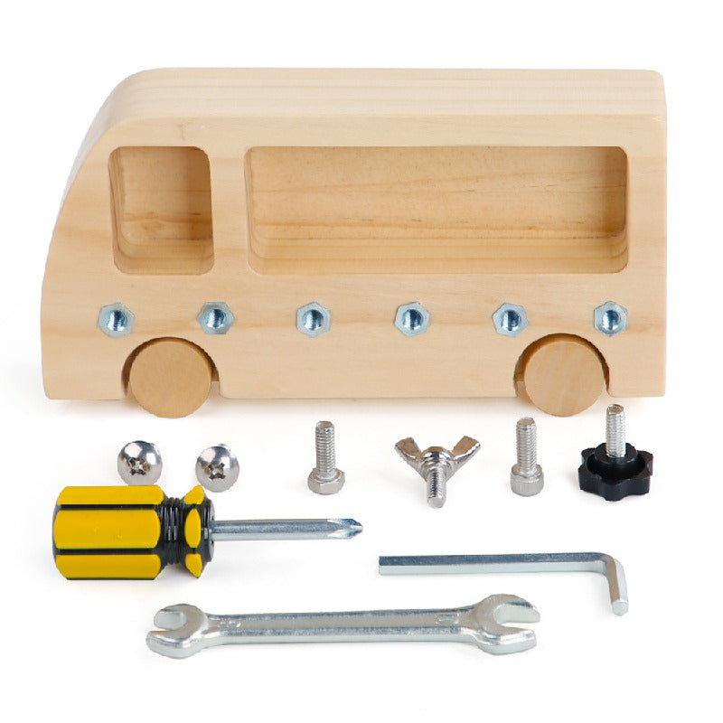 Wooden Building Blocks Montessori Toy Bus with Screwing Tools